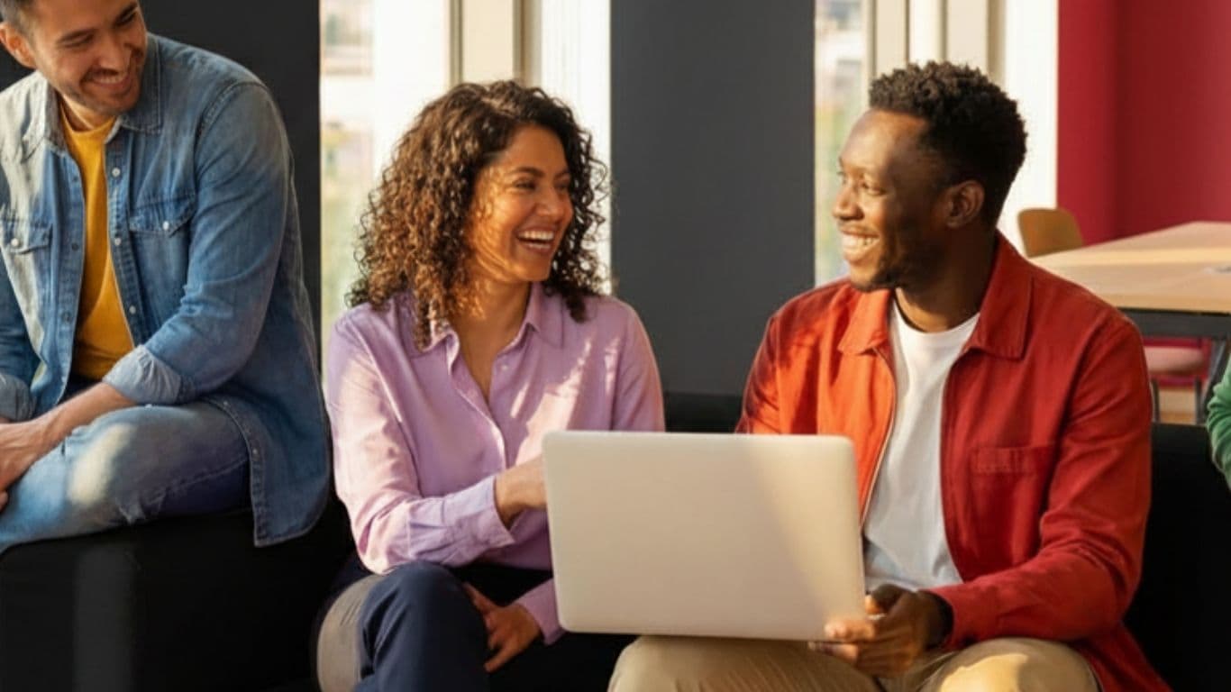 A diverse team in conversation, collaborating around a laptop in a warm-lit space.